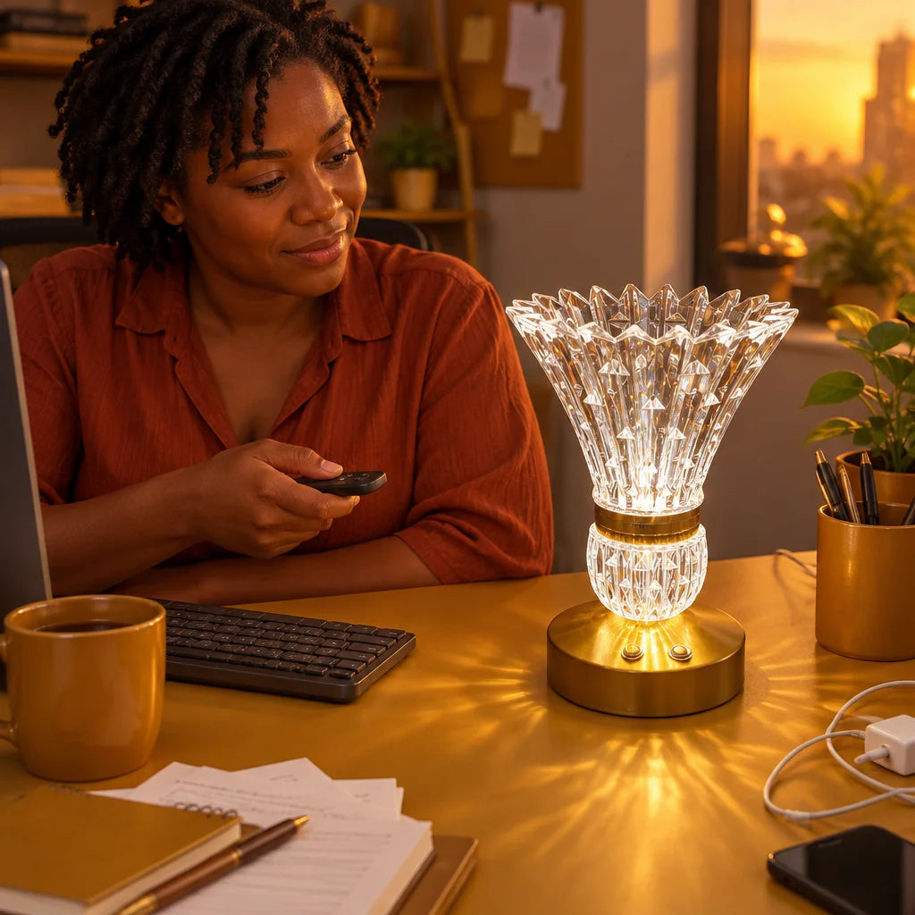The Lampe Cristal Doré is the largest, sharpest subject: the exact faceted crystal lamp and golden b
