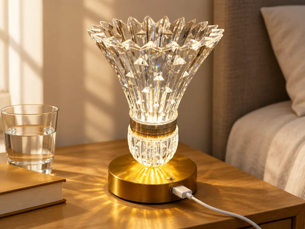 The Lampe Cristal Doré is the largest, sharpest subject: a close landscape view of the exact faceted