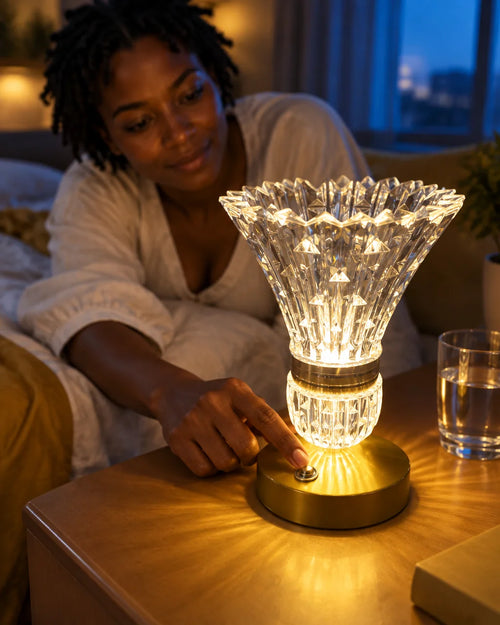 The Lampe Cristal Doré is the largest, sharpest subject: its exact faceted crystal body and golden b
