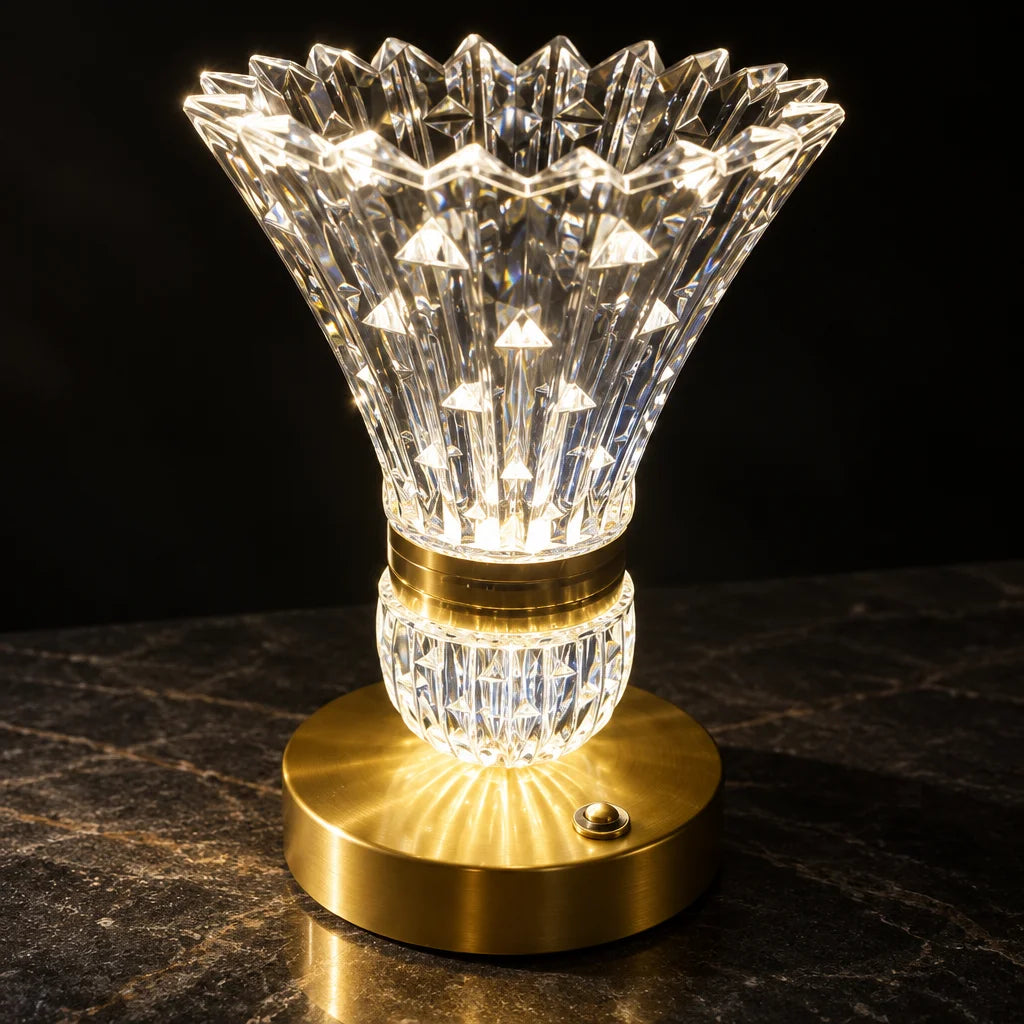 The Lampe Cristal Doré is the largest, sharpest subject: a square close-up of the exact faceted crys
